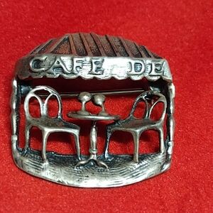 Vintage Cafe Scene Brooch Sterling Silver